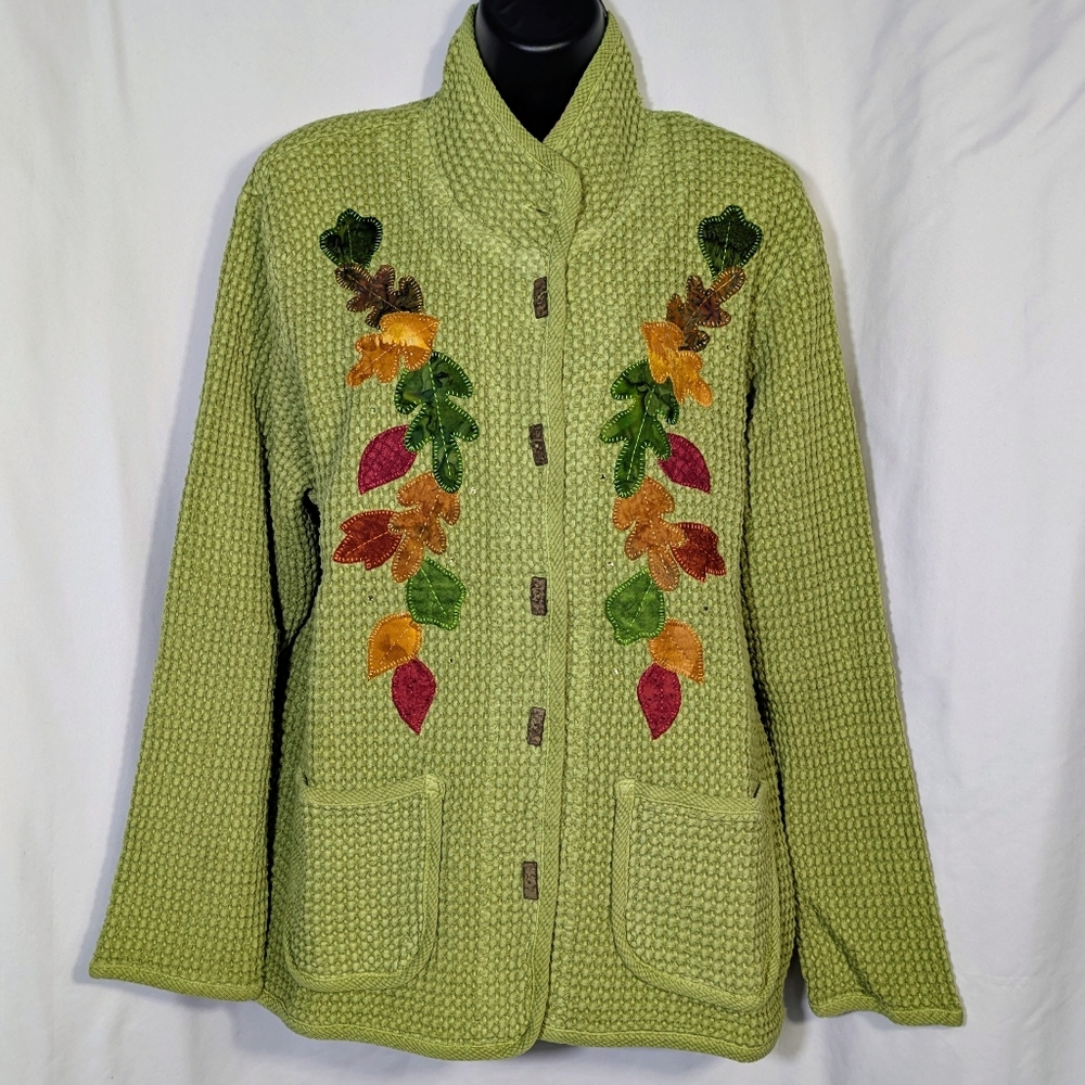 Focus Light Green Cotton Weave Jacket Lightweight, Fall Leaves Applique Casual M